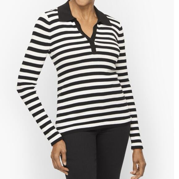 Talbots Size L Ribbed Knit Johnny Collar Pullover Mariner Stripe Top Black White - Picture 1 of 7